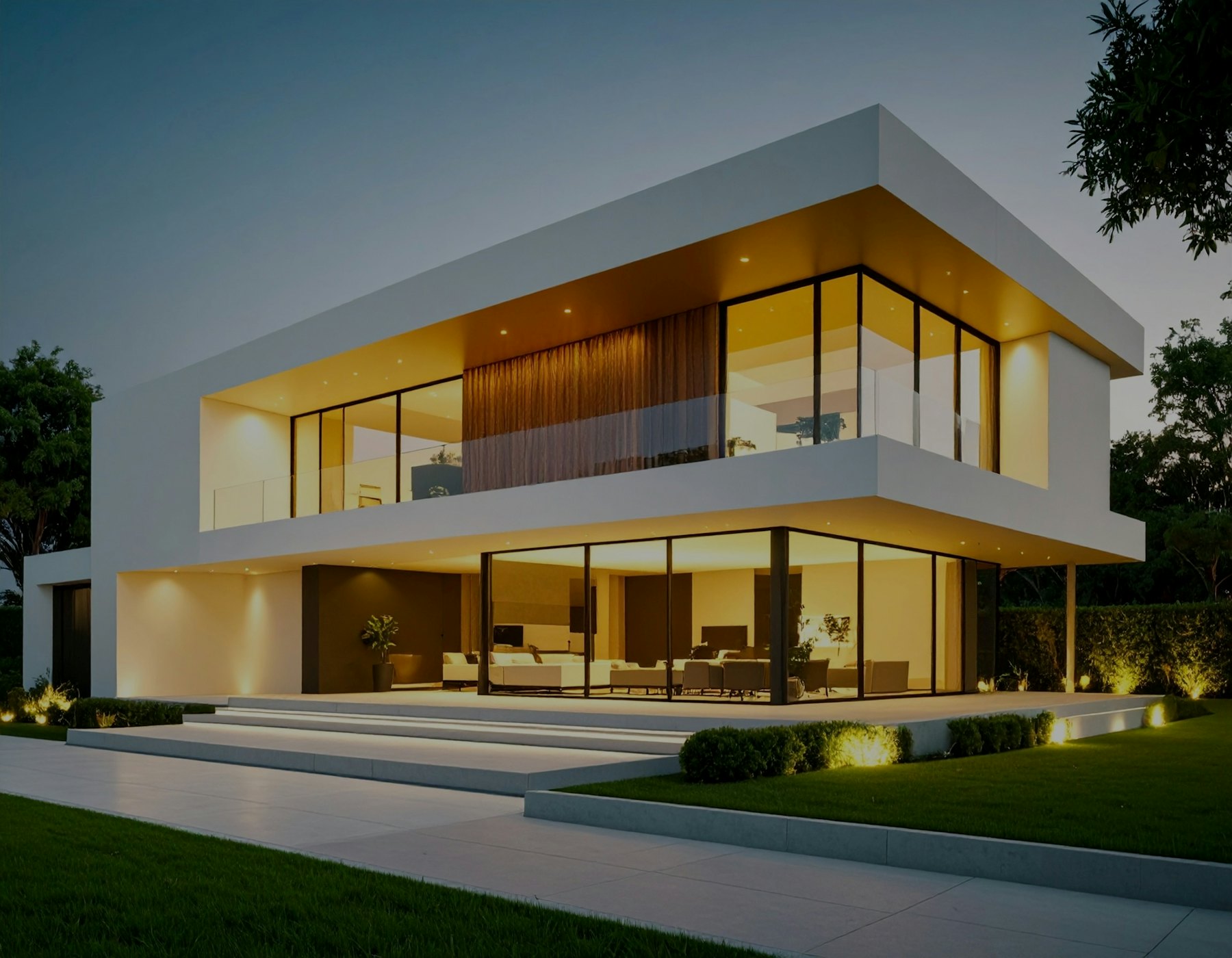 A modern home at dusk with warm interior and exterior lighting