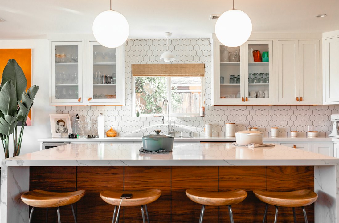 Pendant lights over a kitchen island